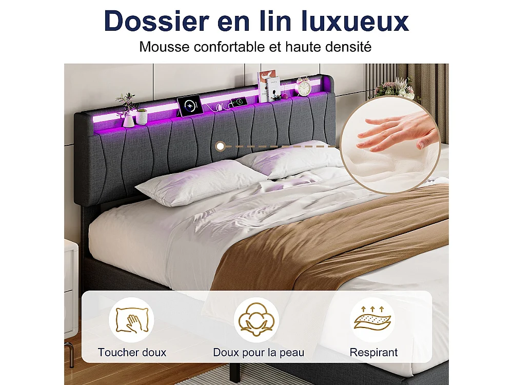 Cadre de lit rembourré 160 x 200 cm - Lit plat-forme avec lumières LED, ports de charge USB et Type-C, tête de rangement, lames en bois massif - Linge - gris