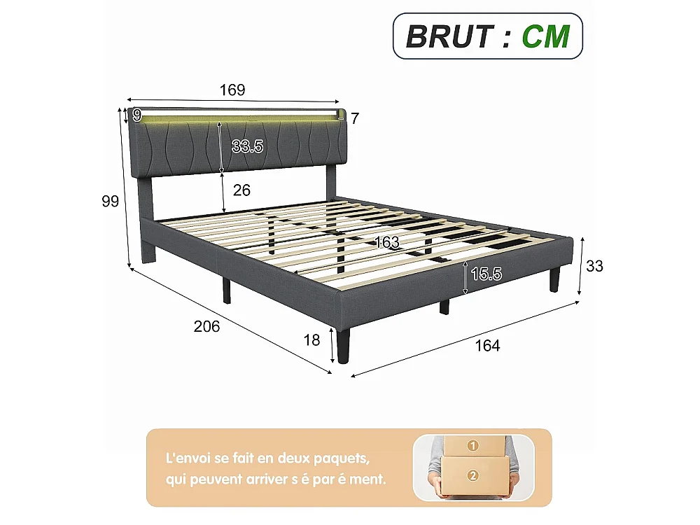 Cadre de lit rembourré 160 x 200 cm - Lit plat-forme avec lumières LED, ports de charge USB et Type-C, tête de rangement, lames en bois massif - Linge - gris