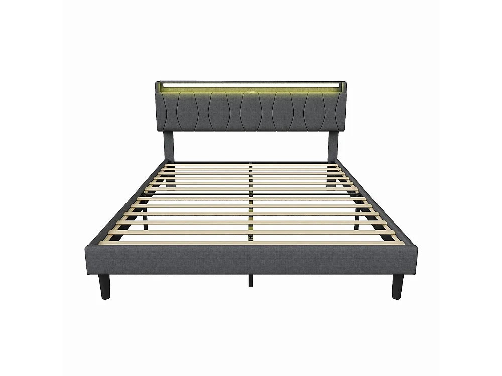Cadre de lit rembourré 160 x 200 cm - Lit plat-forme avec lumières LED, ports de charge USB et Type-C, tête de rangement, lames en bois massif - Linge - gris