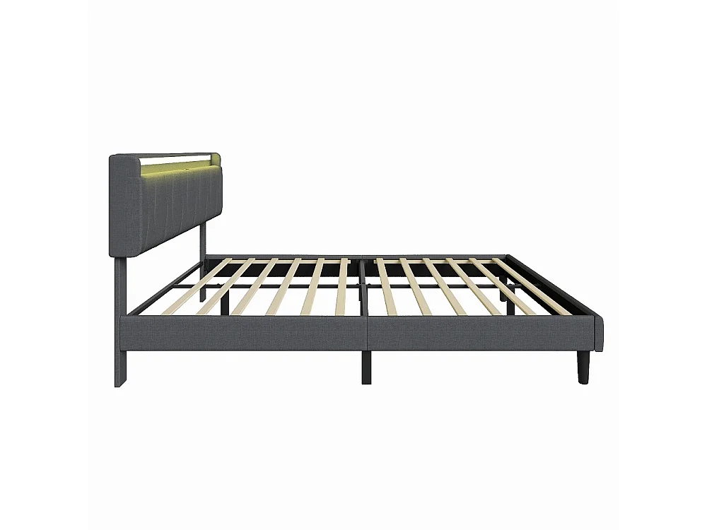 Cadre de lit rembourré 160 x 200 cm - Lit plat-forme avec lumières LED, ports de charge USB et Type-C, tête de rangement, lames en bois massif - Linge - gris