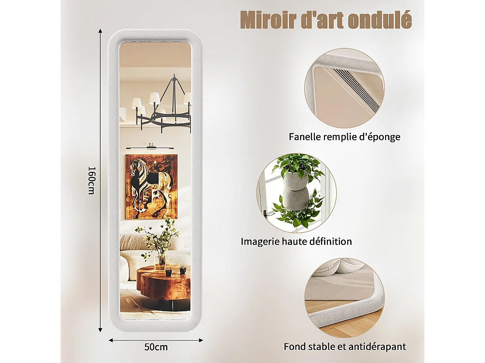 Miroir pleine longueur 160×50 cm - Miroir carrosserie autonome à cadre rembourré en flanelle douce - Grand miroir de dressing monté au mur - Blanc