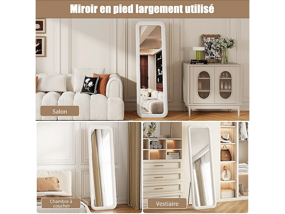 Miroir pleine longueur 160×50 cm - Miroir carrosserie autonome à cadre rembourré en flanelle douce - Grand miroir de dressing monté au mur - Blanc