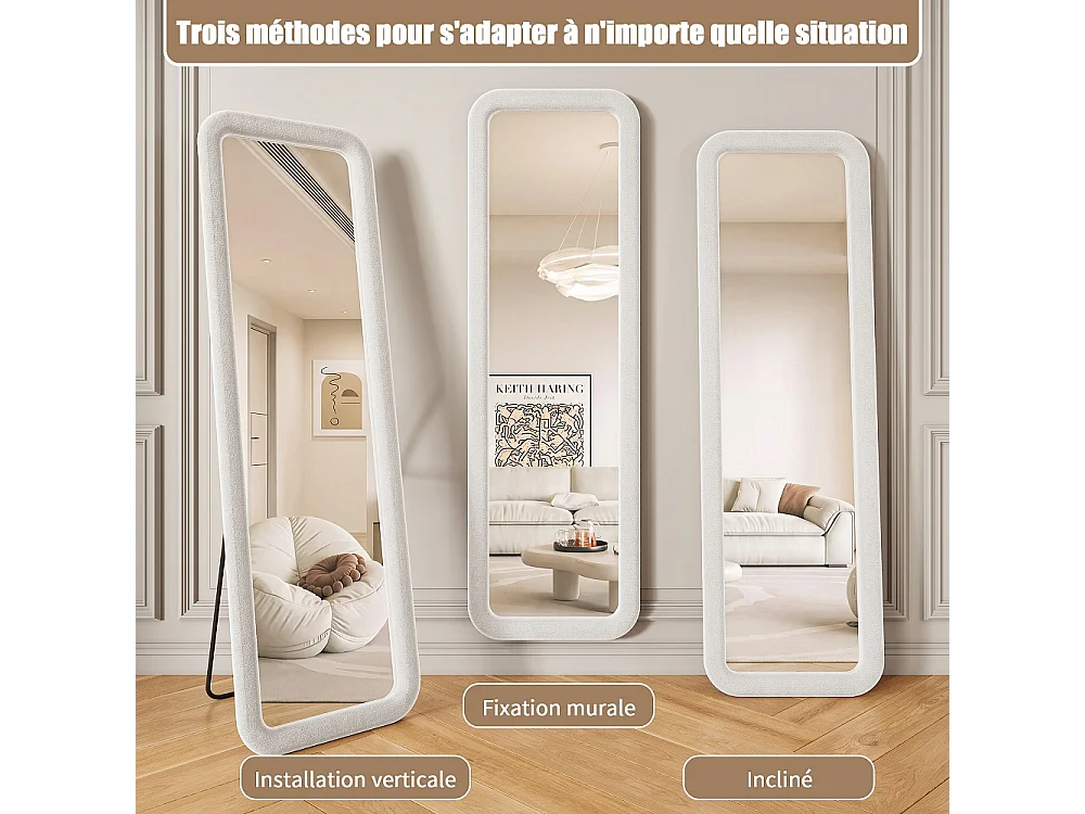 Miroir pleine longueur 160×50 cm - Miroir carrosserie autonome à cadre rembourré en flanelle douce - Grand miroir de dressing monté au mur - Blanc