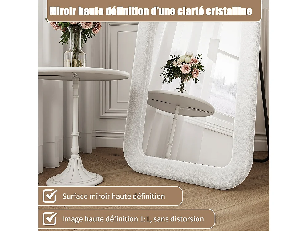 Miroir pleine longueur 160×50 cm - Miroir carrosserie autonome à cadre rembourré en flanelle douce - Grand miroir de dressing monté au mur - Blanc