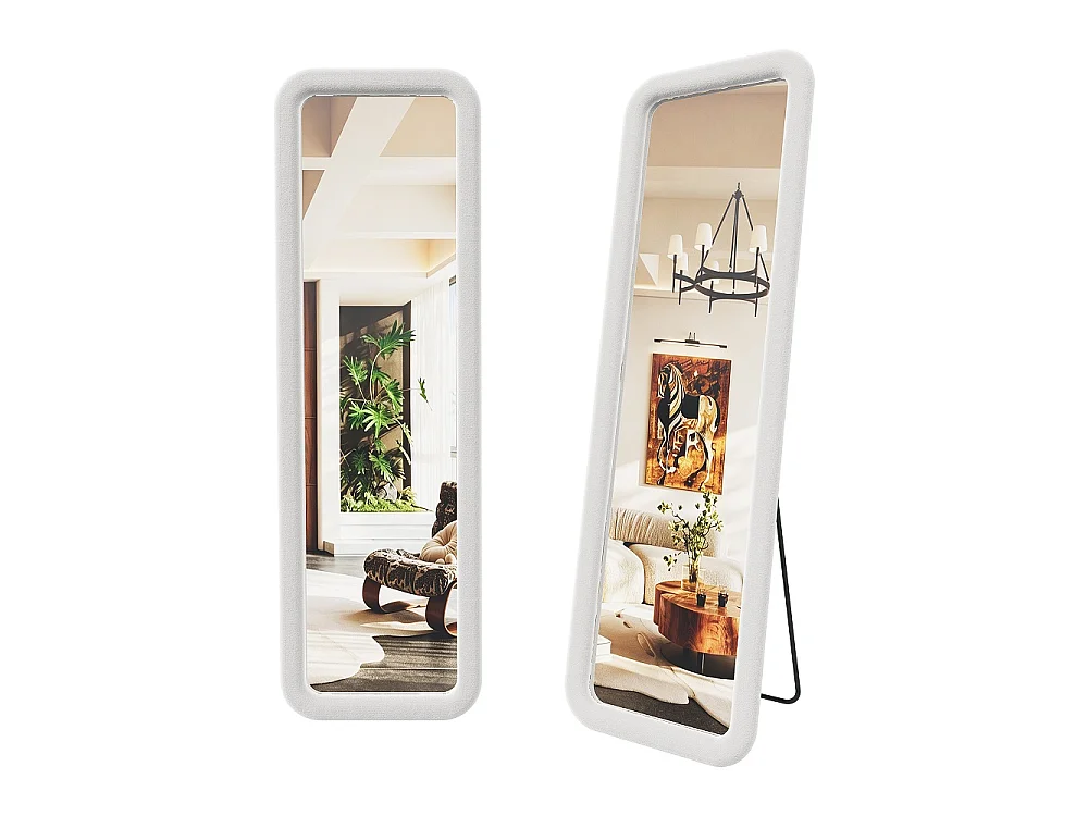 Miroir pleine longueur 160×50 cm - Miroir carrosserie autonome à cadre rembourré en flanelle douce - Grand miroir de dressing monté au mur - Blanc