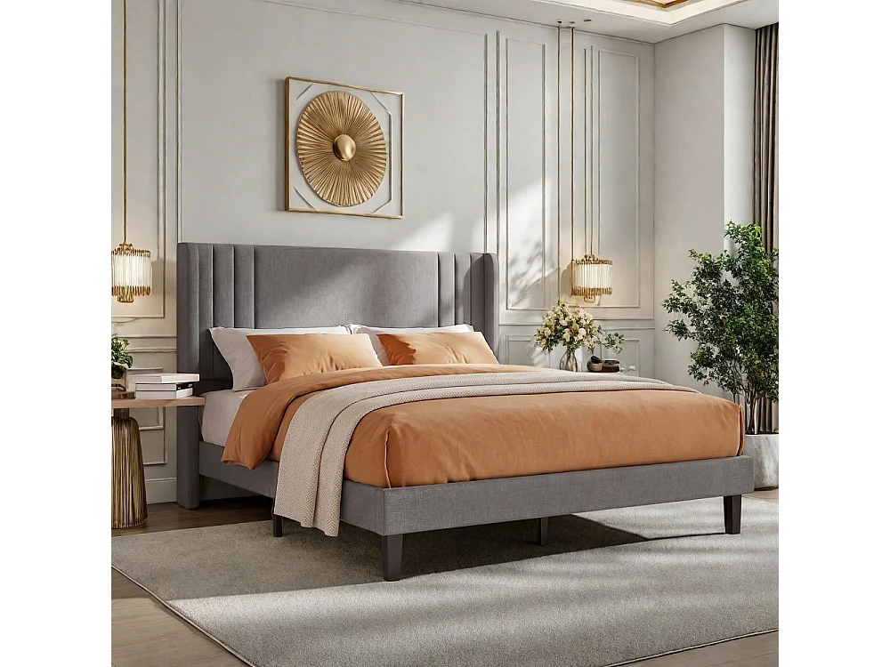 Lit rembourré 140 x 200 cm - Lit double avec tête à aile verticale - Cadre de lit avec cadre à lames, matelas non inclus - Linge de maison - Gris
