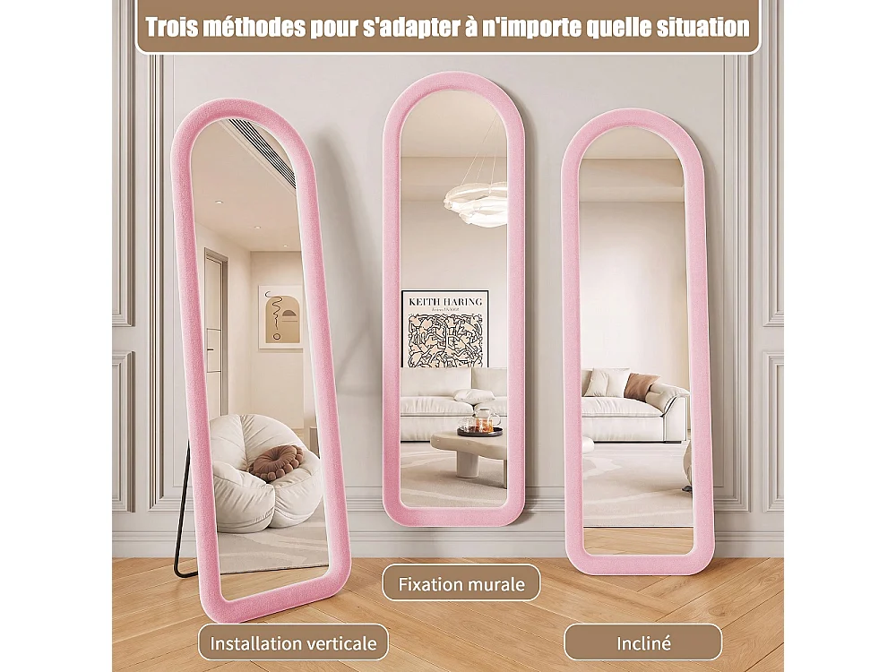 Miroir à arche en velours 160 x 50 cm - Miroir de carrosserie au sol indépendant, grand miroir de dressing monté au mur - rose