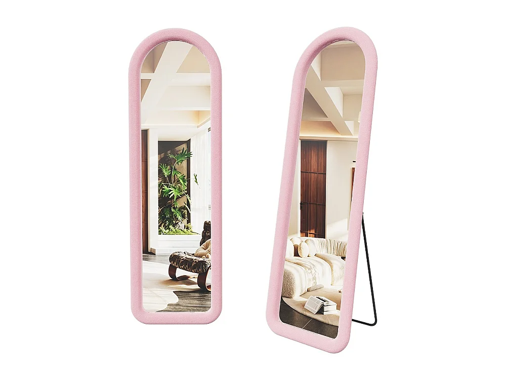 Miroir à arche en velours 160 x 50 cm - Miroir de carrosserie au sol indépendant, grand miroir de dressing monté au mur - rose