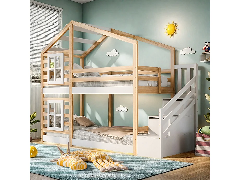 Maison en bois Lit superposé 90x200 cm - Double sur cadre de lit superposé avec escalier de rangement pour enfants - Design de toit et de fenêtre