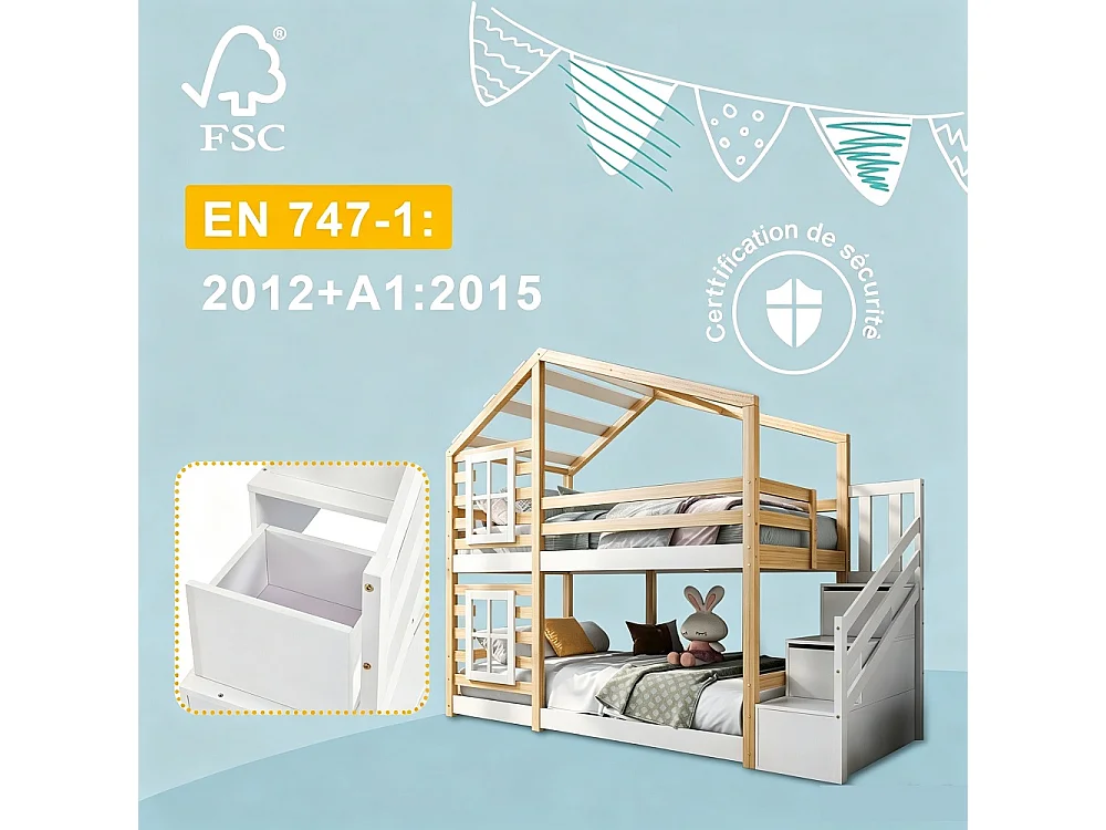 Maison en bois Lit superposé 90x200 cm - Double sur cadre de lit superposé avec escalier de rangement pour enfants - Design de toit et de fenêtre