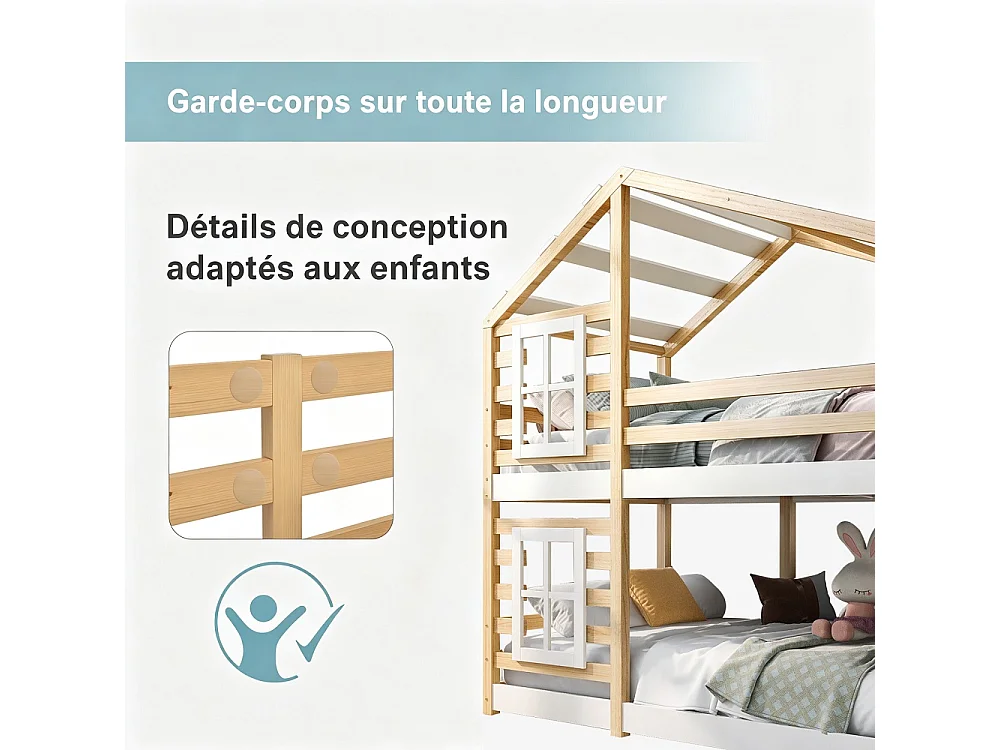 Maison en bois Lit superposé 90x200 cm - Double sur cadre de lit superposé avec escalier de rangement pour enfants - Design de toit et de fenêtre