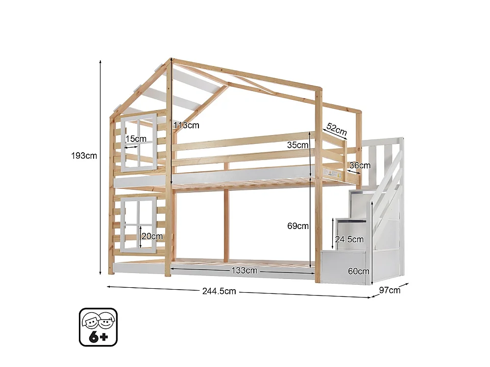 Maison en bois Lit superposé 90x200 cm - Double sur cadre de lit superposé avec escalier de rangement pour enfants - Design de toit et de fenêtre
