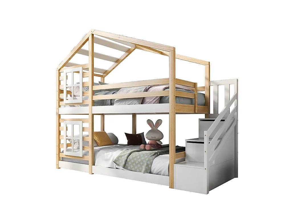 Maison en bois Lit superposé 90x200 cm - Double sur cadre de lit superposé avec escalier de rangement pour enfants - Design de toit et de fenêtre
