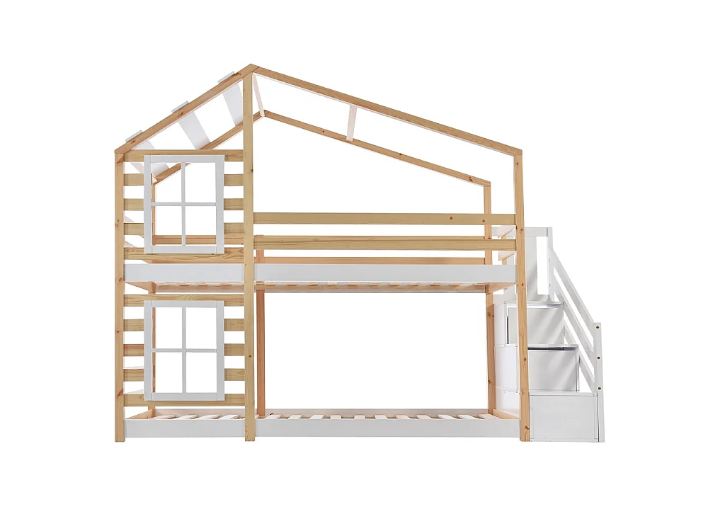Maison en bois Lit superposé 90x200 cm - Double sur cadre de lit superposé avec escalier de rangement pour enfants - Design de toit et de fenêtre