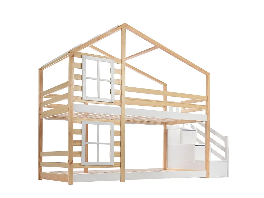 Maison en bois Lit superposé 90x200 cm - Double sur cadre de lit superposé avec escalier de rangement pour enfants - Design de toit et de fenêtre