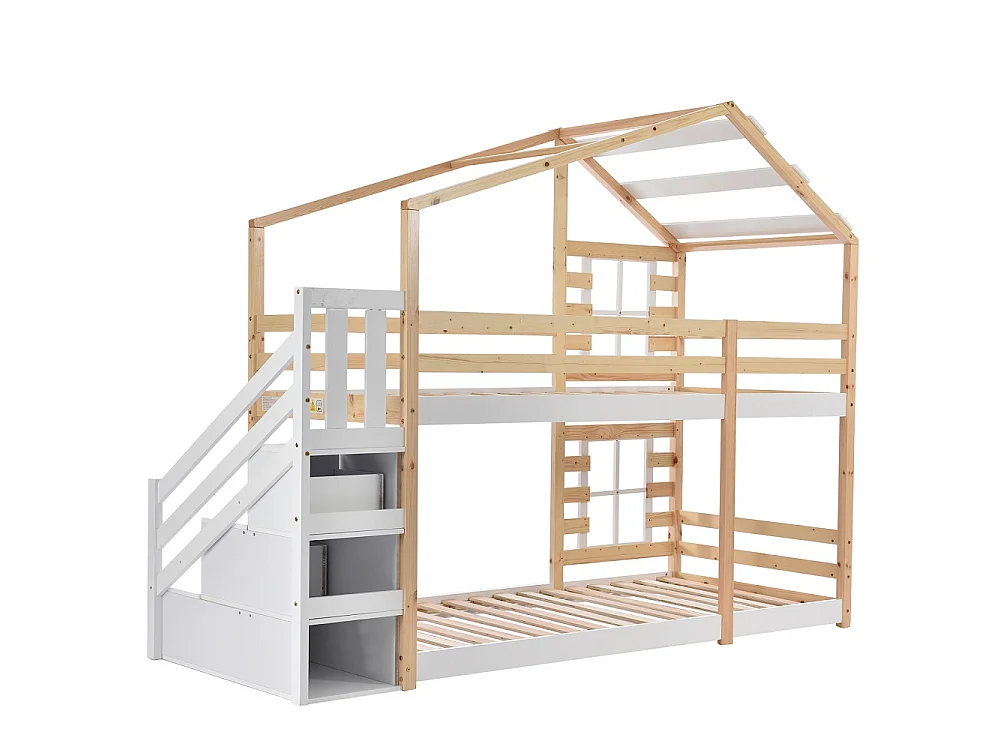 Maison en bois Lit superposé 90x200 cm - Double sur cadre de lit superposé avec escalier de rangement pour enfants - Design de toit et de fenêtre