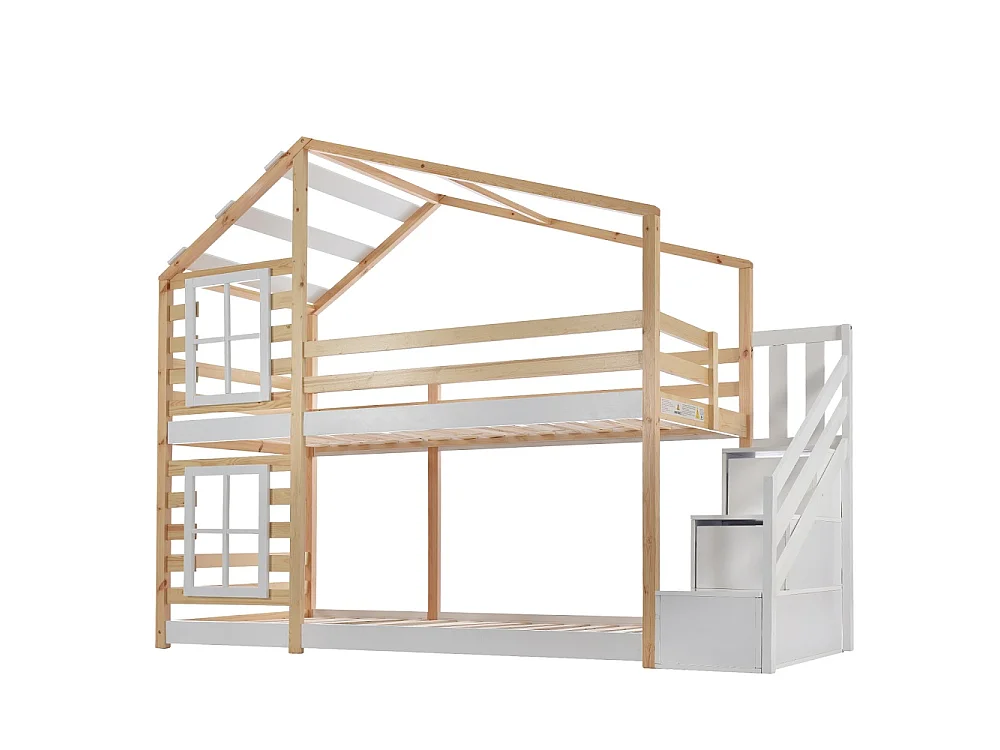 Maison en bois Lit superposé 90x200 cm - Double sur cadre de lit superposé avec escalier de rangement pour enfants - Design de toit et de fenêtre