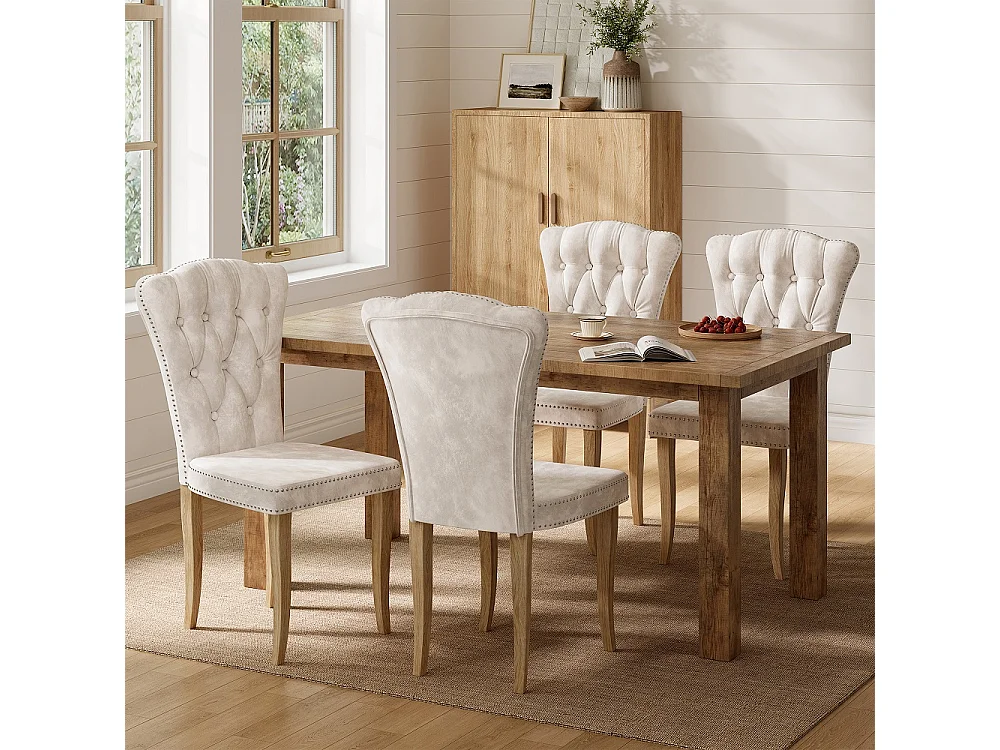 Chaises à manger en velours tufted - 2 pièces rembourrées chaise de cuisine haut dos avec Nailhead Trim & jambes en bois massif - Beige