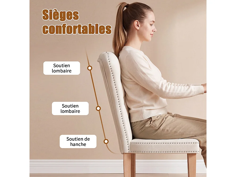 Chaises à manger en velours tufted - 2 pièces rembourrées chaise de cuisine haut dos avec Nailhead Trim & jambes en bois massif - Beige