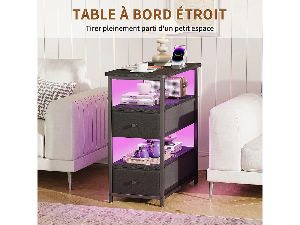 Table de nuit avec LED et station de charge - Table latérale avec 2 tiroirs en tissu et étagères de rangement ouvertes - Cadre métallique - noir