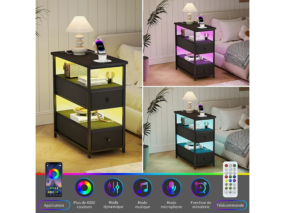 Table de nuit avec LED et station de charge - Table latérale avec 2 tiroirs en tissu et étagères de rangement ouvertes - Cadre métallique - noir