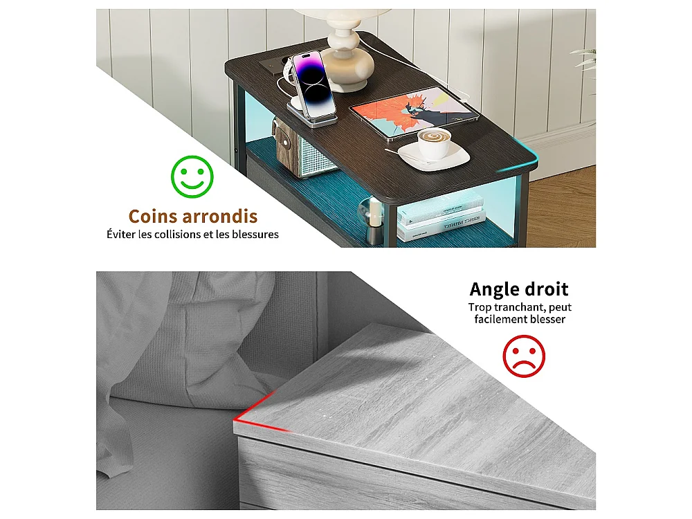 Table de nuit avec LED et station de charge - Table latérale avec 2 tiroirs en tissu et étagères de rangement ouvertes - Cadre métallique - noir