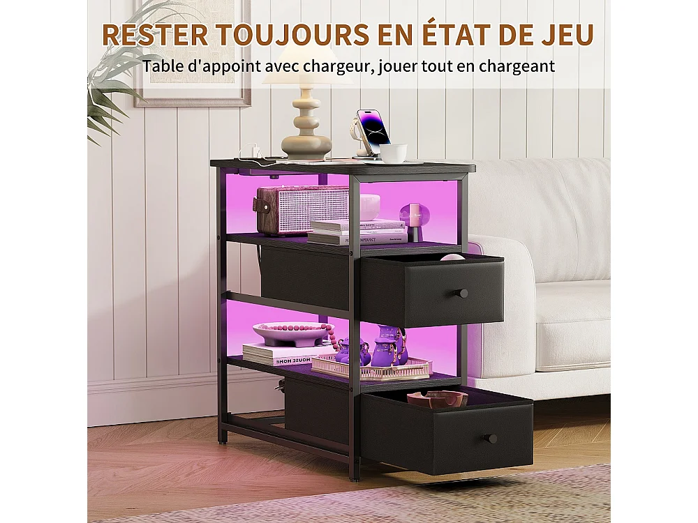 Table de nuit avec LED et station de charge - Table latérale avec 2 tiroirs en tissu et étagères de rangement ouvertes - Cadre métallique - noir