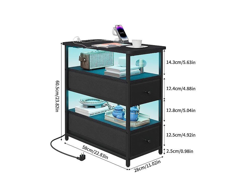 Table de nuit avec LED et station de charge - Table latérale avec 2 tiroirs en tissu et étagères de rangement ouvertes - Cadre métallique - noir