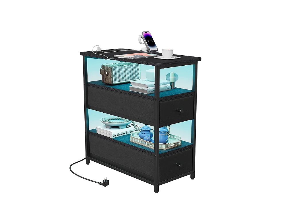 Table de nuit avec LED et station de charge - Table latérale avec 2 tiroirs en tissu et étagères de rangement ouvertes - Cadre métallique - noir