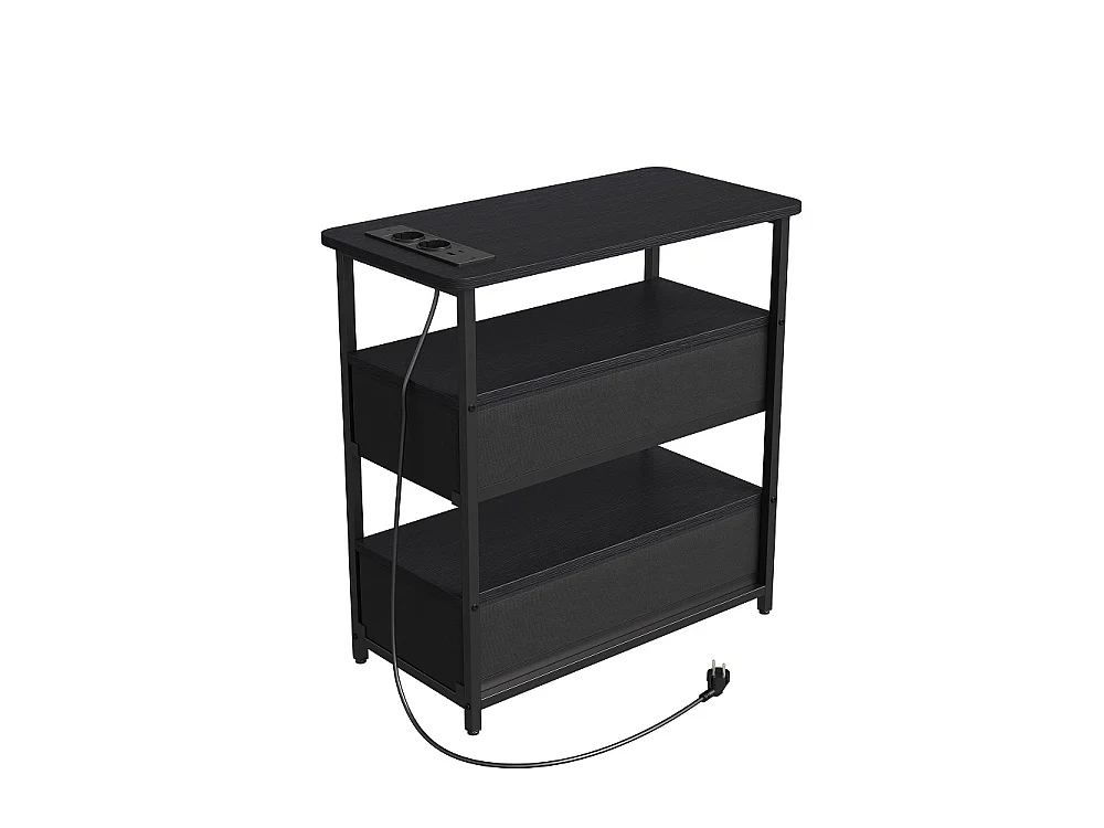 Table de nuit avec LED et station de charge - Table latérale avec 2 tiroirs en tissu et étagères de rangement ouvertes - Cadre métallique - noir