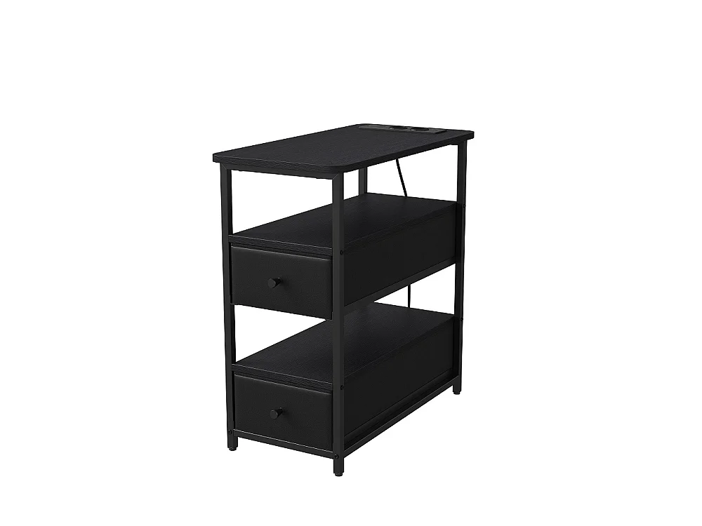 Table de nuit avec LED et station de charge - Table latérale avec 2 tiroirs en tissu et étagères de rangement ouvertes - Cadre métallique - noir