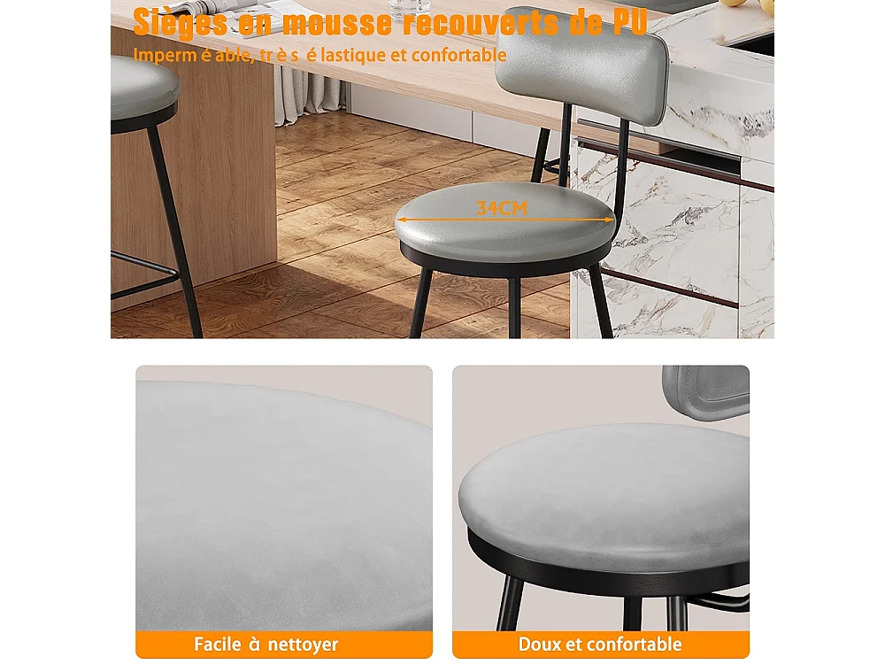 Tabourets de bar avec dossier - Chaises de bar Ensemble de 2, en cuir PU rembourrés Tabourets de bar ronds avec pieds et pieds en métal - gris