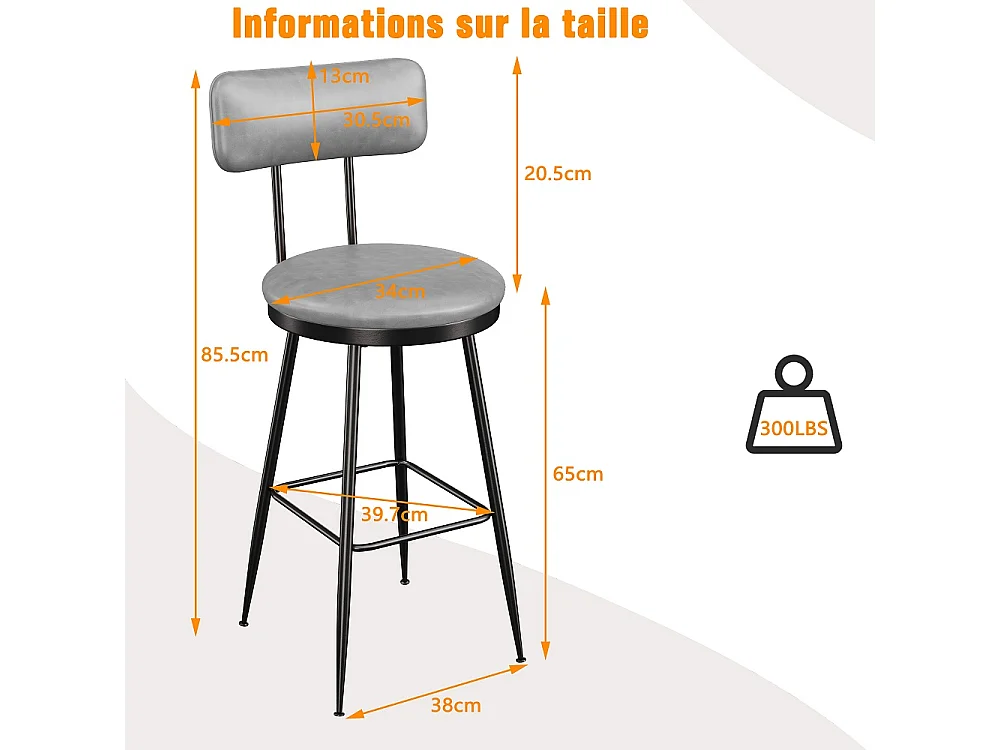 Tabourets de bar avec dossier - Chaises de bar Ensemble de 2, en cuir PU rembourrés Tabourets de bar ronds avec pieds et pieds en métal - gris