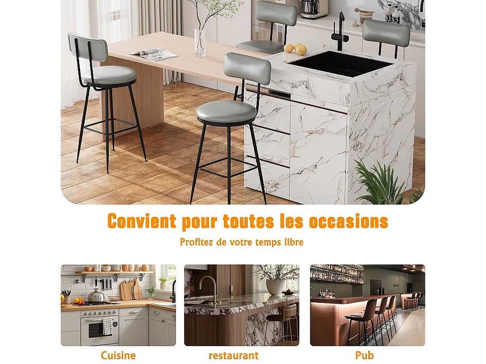 Tabourets de bar avec dossier - Chaises de bar Ensemble de 2, en cuir PU rembourrés Tabourets de bar ronds avec pieds et pieds en métal - gris