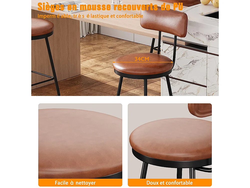 Tabourets de bar de 2 pièces - Tabourets de bar de hauteur de compteur en cuir PU avec dossier, jambes en métal - chaises de cuisine rembourrées - marron