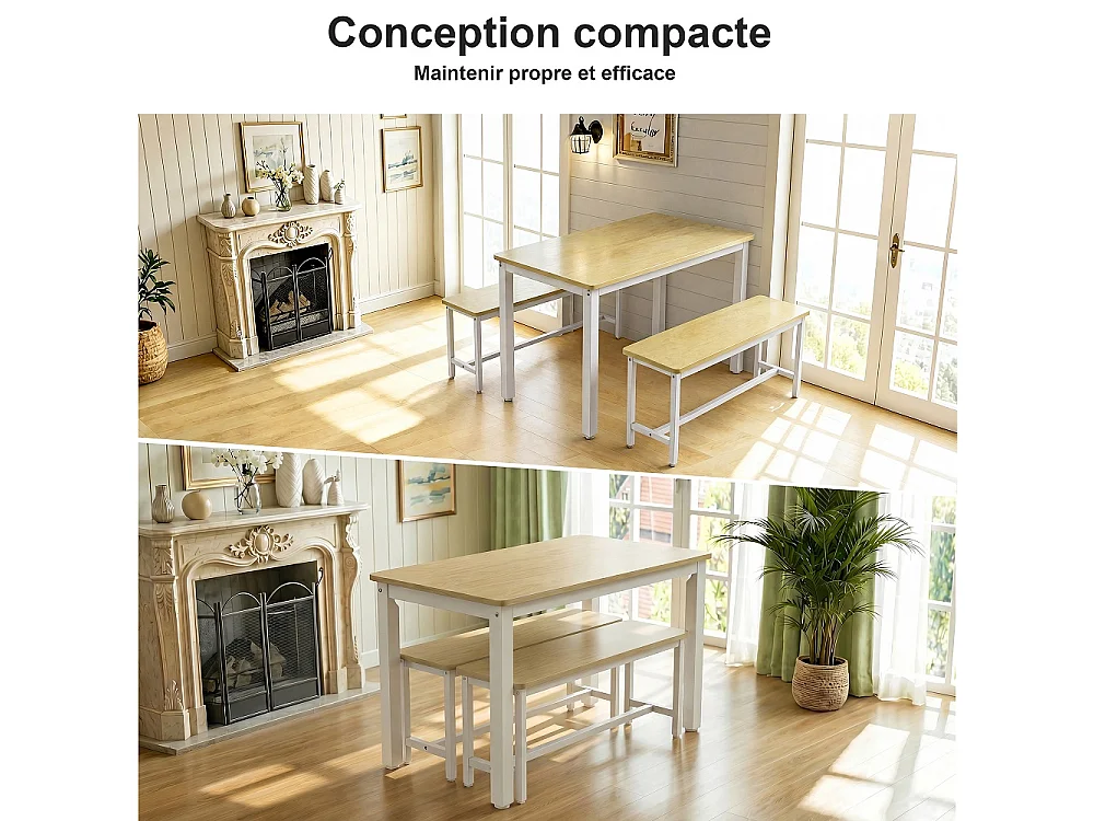 Table à manger avec 2 bancs - Table de cuisine de 110cm avec cadre en métal - Set à manger économisant de l'espace pour 4 personnes - marron
