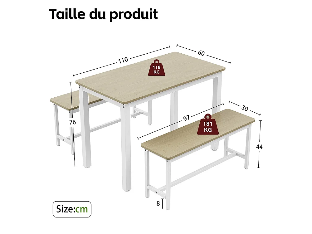 Table à manger avec 2 bancs - Table de cuisine de 110cm avec cadre en métal - Set à manger économisant de l'espace pour 4 personnes - marron