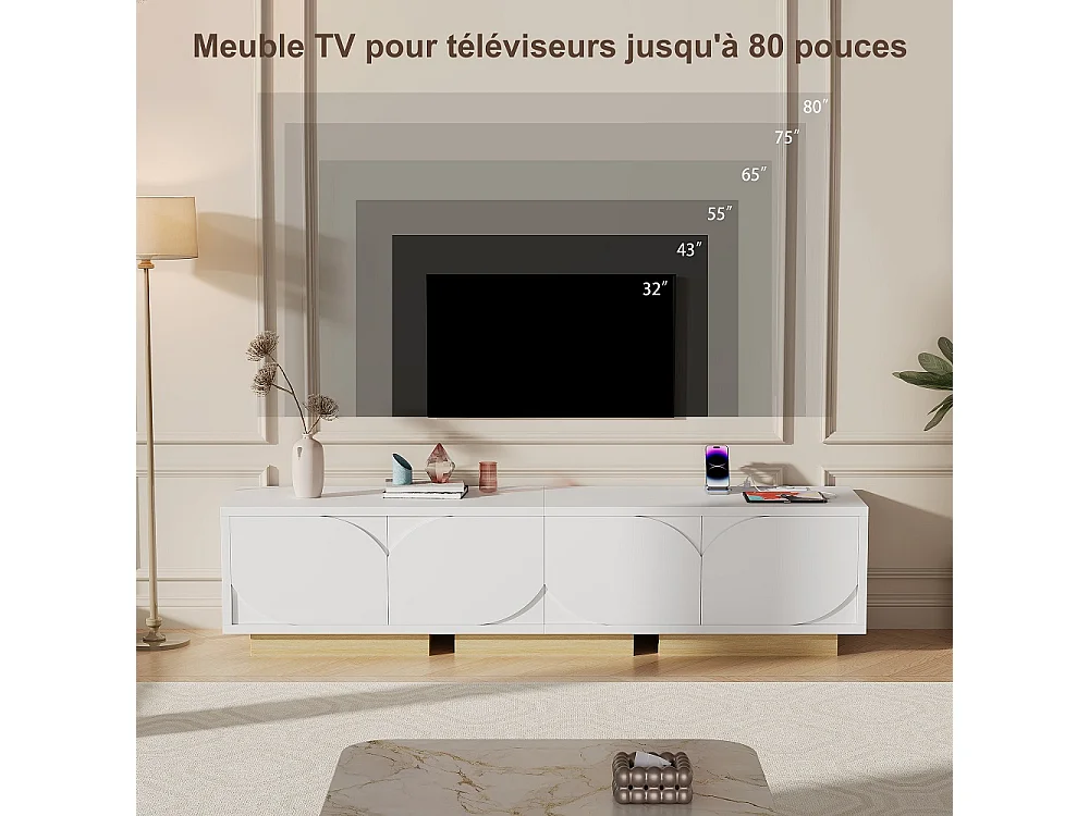stand télévision avec station de charge - Console média avec 4 armoires de stockage, étagères réglables - Centre de divertissement pour téléviseurs - Blanc