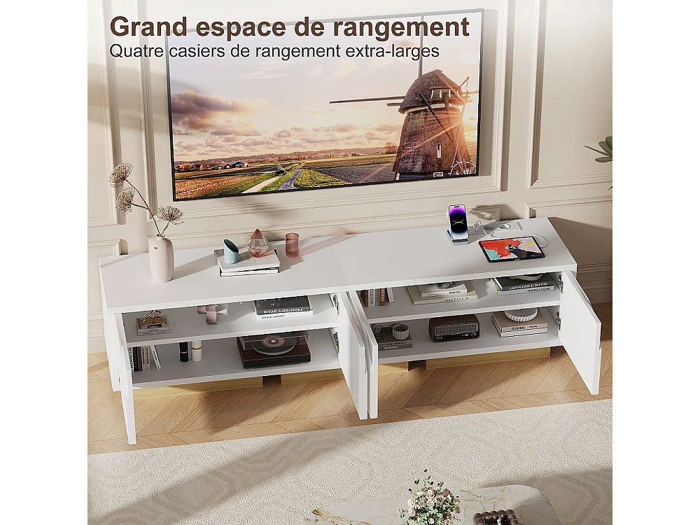 stand télévision avec station de charge - Console média avec 4 armoires de stockage, étagères réglables - Centre de divertissement pour téléviseurs - Blanc