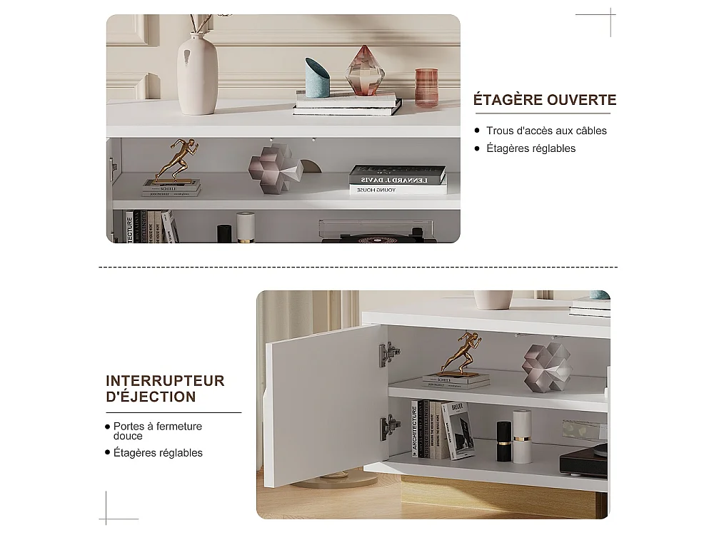 stand télévision avec station de charge - Console média avec 4 armoires de stockage, étagères réglables - Centre de divertissement pour téléviseurs - Blanc