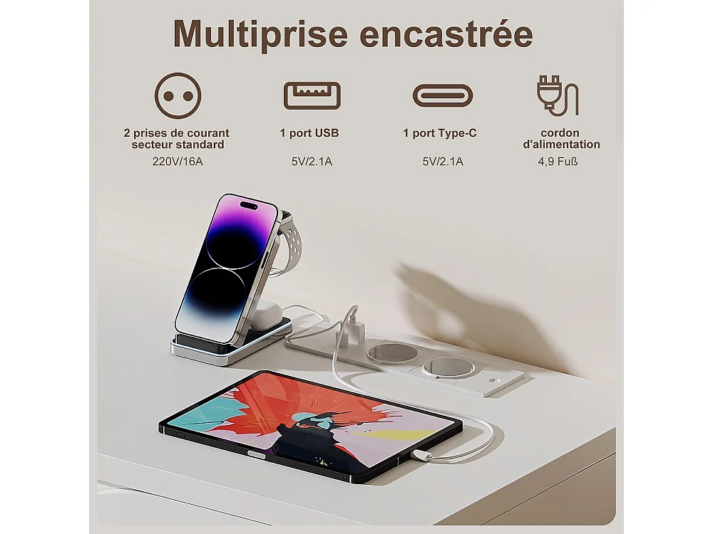 stand télévision avec station de charge - Console média avec 4 armoires de stockage, étagères réglables - Centre de divertissement pour téléviseurs - Blanc