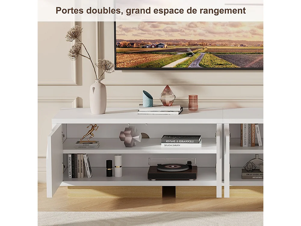 stand télévision avec station de charge - Console média avec 4 armoires de stockage, étagères réglables - Centre de divertissement pour téléviseurs - Blanc