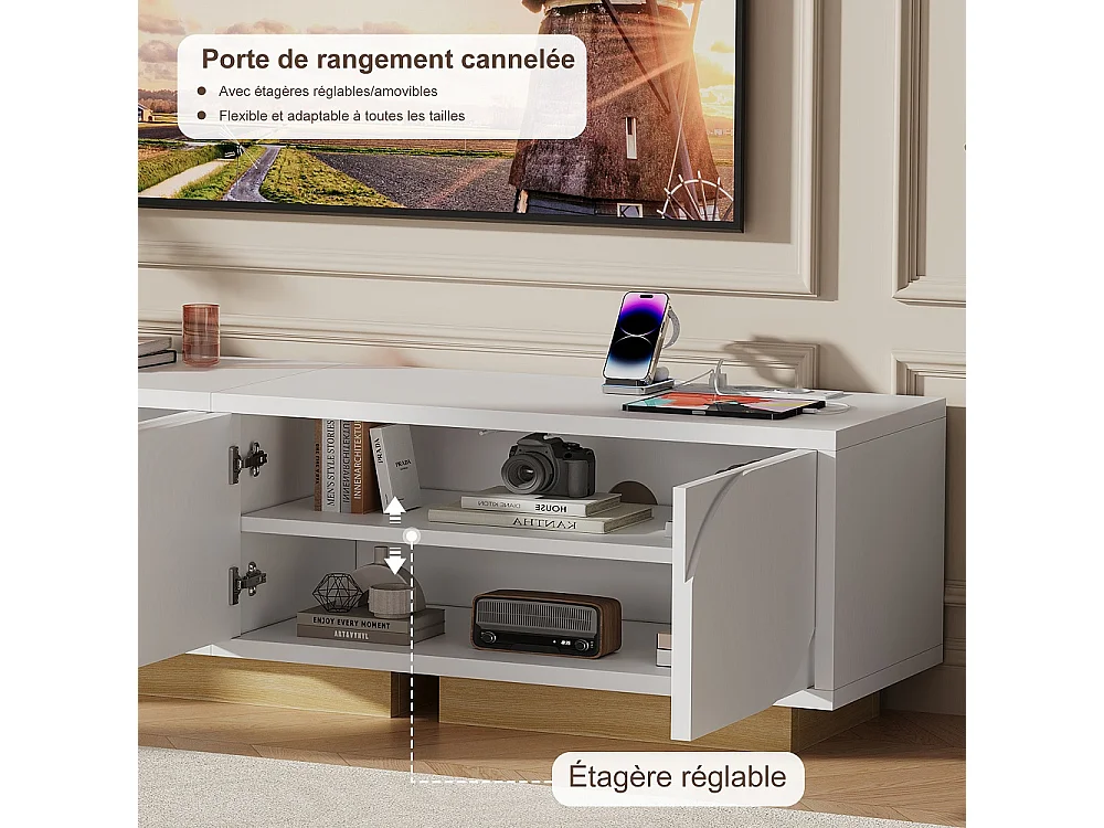 stand télévision avec station de charge - Console média avec 4 armoires de stockage, étagères réglables - Centre de divertissement pour téléviseurs - Blanc