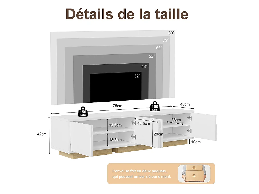 stand télévision avec station de charge - Console média avec 4 armoires de stockage, étagères réglables - Centre de divertissement pour téléviseurs - Blanc