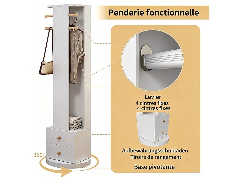 Organisateur de miroir de dressing tournant à 360 ° - 3 en 1 miroir pleine longueur avec accroche à manteaux, 2 tiroirs de stockage et tige de vêtements - blanc