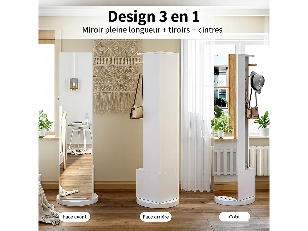 Organisateur de miroir de dressing tournant à 360 ° - 3 en 1 miroir pleine longueur avec accroche à manteaux, 2 tiroirs de stockage et tige de vêtements - blanc