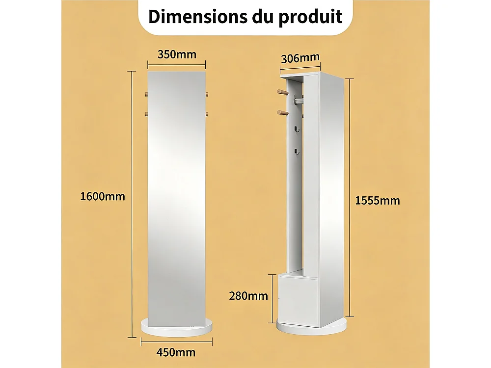 Organisateur de miroir de dressing tournant à 360 ° - 3 en 1 miroir pleine longueur avec accroche à manteaux, 2 tiroirs de stockage et tige de vêtements - blanc