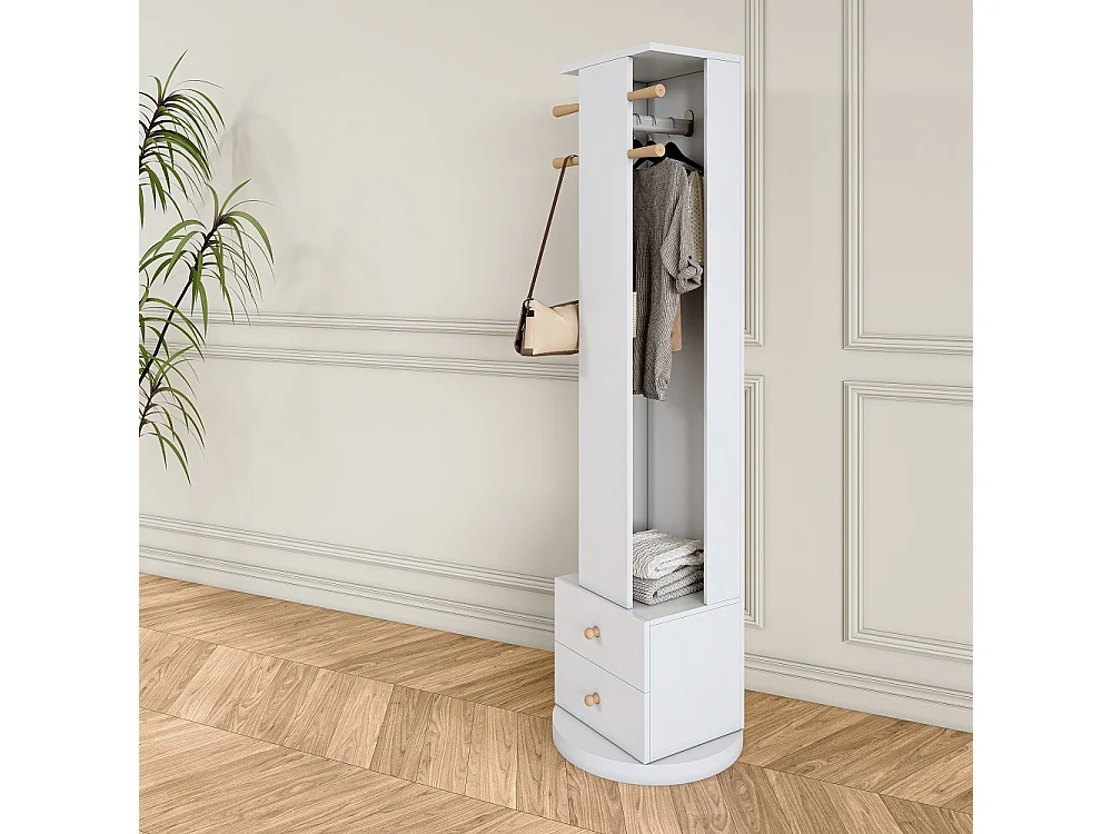 Organisateur de miroir de dressing tournant à 360 ° - 3 en 1 miroir pleine longueur avec accroche à manteaux, 2 tiroirs de stockage et tige de vêtements - blanc