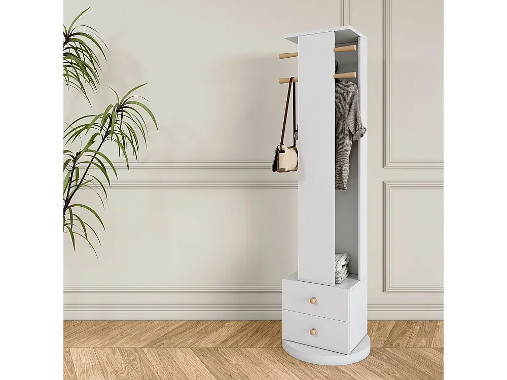 Organisateur de miroir de dressing tournant à 360 ° - 3 en 1 miroir pleine longueur avec accroche à manteaux, 2 tiroirs de stockage et tige de vêtements - blanc