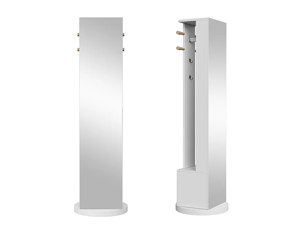 Organisateur de miroir de dressing tournant à 360 ° - 3 en 1 miroir pleine longueur avec accroche à manteaux, 2 tiroirs de stockage et tige de vêtements - blanc